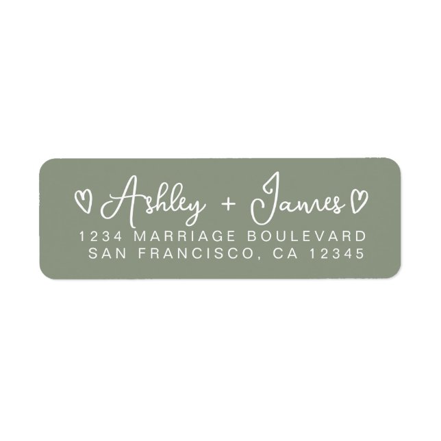 Sage Green Modern Script Hearts Return Address Label (Front)