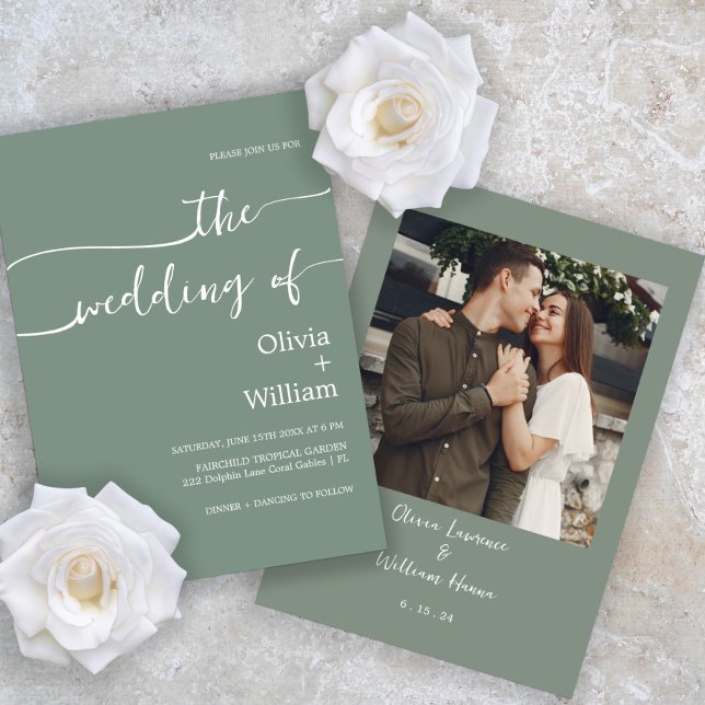 Sage Green Modern Script Wedding Invitation (Creator Uploaded)