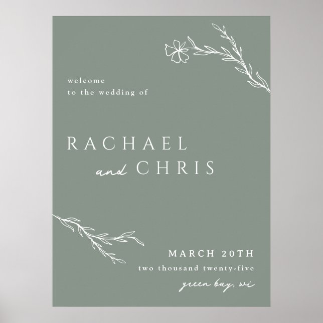 Sage Green Modern Stenciled Floral Welcome Sign (Front)