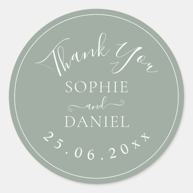 Sage Green Modern Thank You Wedding Favours Classic Round Sticker (Front)