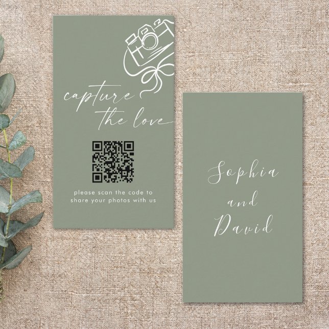 Sage Green Modern Wedding Capture The Love QR Code Enclosure Card (Creator Uploaded)