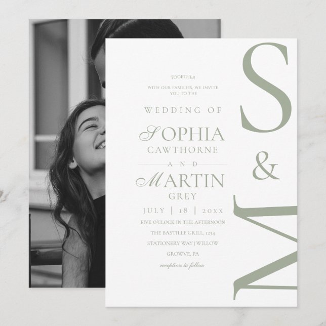 Sage Green Modern Wedding Photo Invitation (Front/Back)