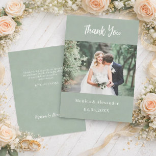 Sage green modern wedding photo thank you card