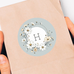 Sage Green Monogram Boho Flowers Personalised Classic Round Sticker