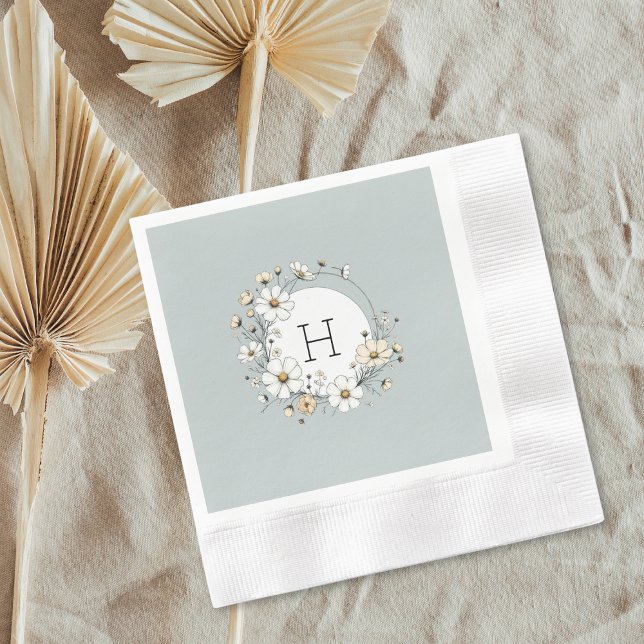 Sage Green Monogram Boho Flowers Personalised  Napkin (Creator Uploaded)