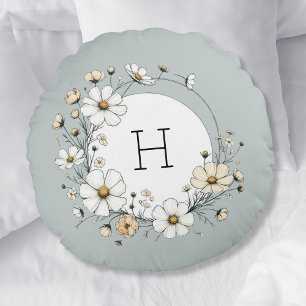Sage Green Monogram Boho Flowers Personalised Round Cushion