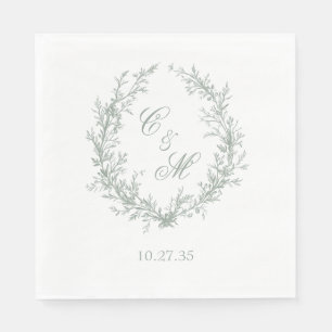 Sage Green Monogram Botanical Wreath Wedding Napkin