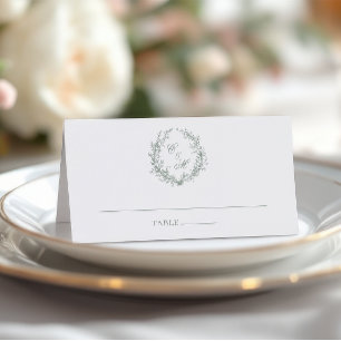 Sage Green Monogram Botanical Wreath Wedding Place Card