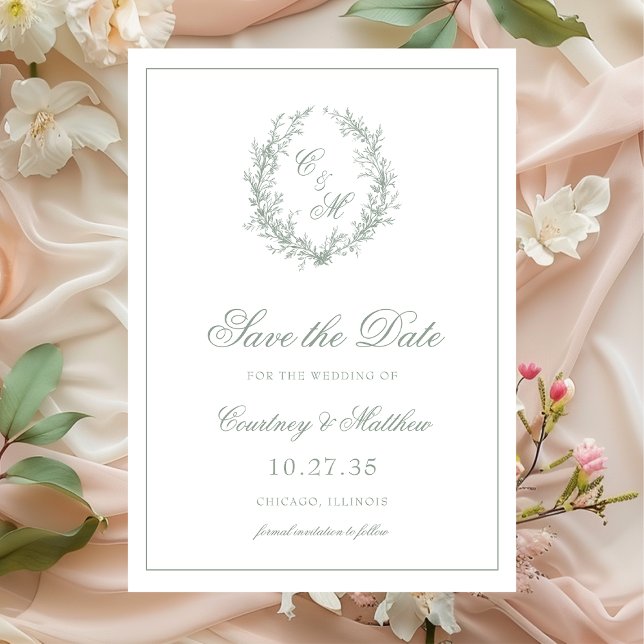 Sage Green Monogram Botanical Wreath Wedding Save The Date (Creator Uploaded)