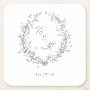 Sage Green Monogram Botanical Wreath Wedding Square Paper Coaster