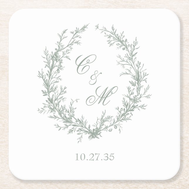Sage Green Monogram Botanical Wreath Wedding Square Paper Coaster (Front)