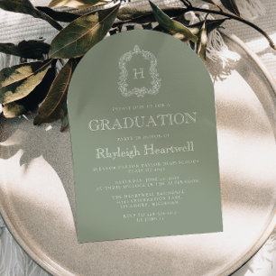 Sage Green Monogram Crest Arch Graduation Party Invitation