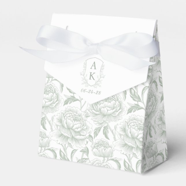 Sage Green Monogram Crest Chinoiserie Peonies Favour Box (Front Side)