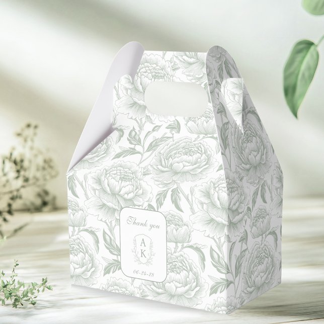 Sage Green Monogram Crest Chinoiserie Peonies Favour Box (Creator Uploaded)