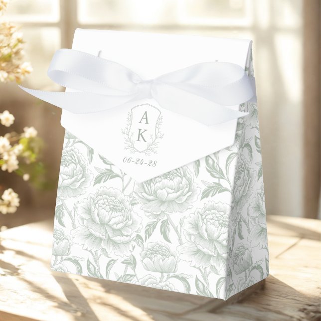 Sage Green Monogram Crest Chinoiserie Peonies Favour Box (Creator Uploaded)