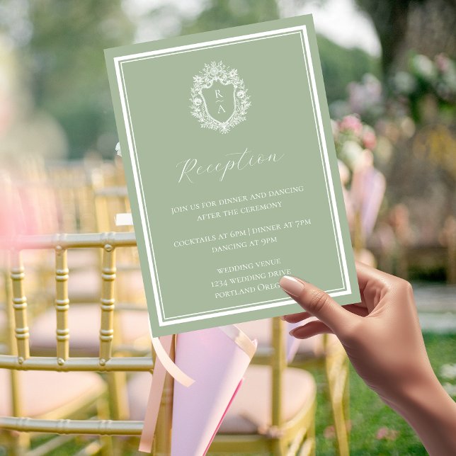 Sage Green Monogram Crest  Reception Details Enclosure Card (Creator Uploaded)