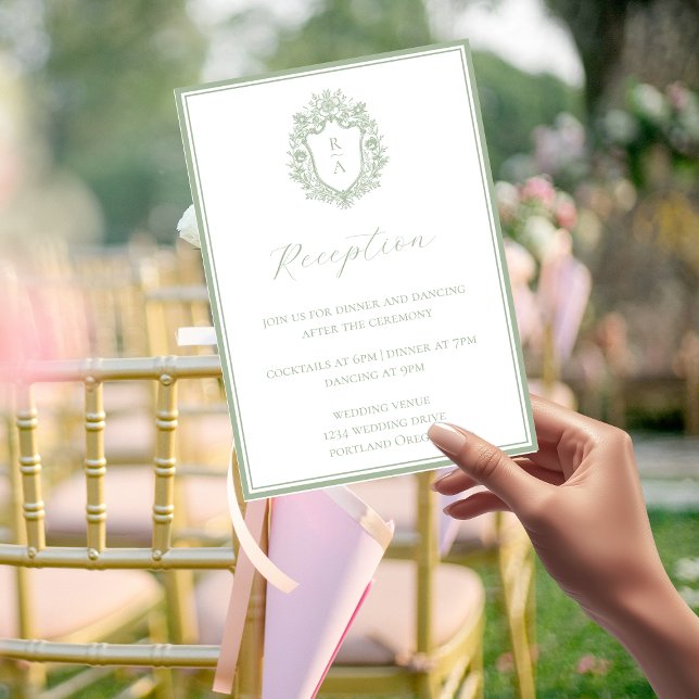 Sage Green Monogram Crest  Reception Details Enclosure Card (Creator Uploaded)