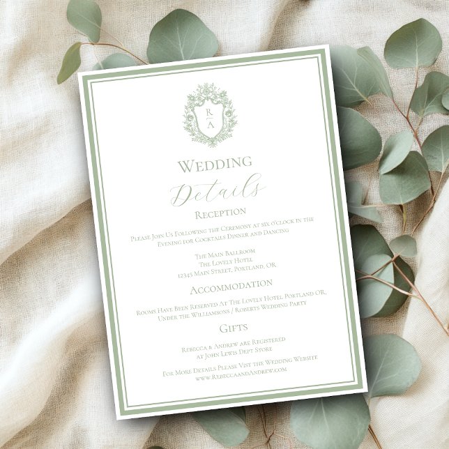 Sage Green Monogram Crest Wedding Details Enclosure Card (Creator Uploaded)
