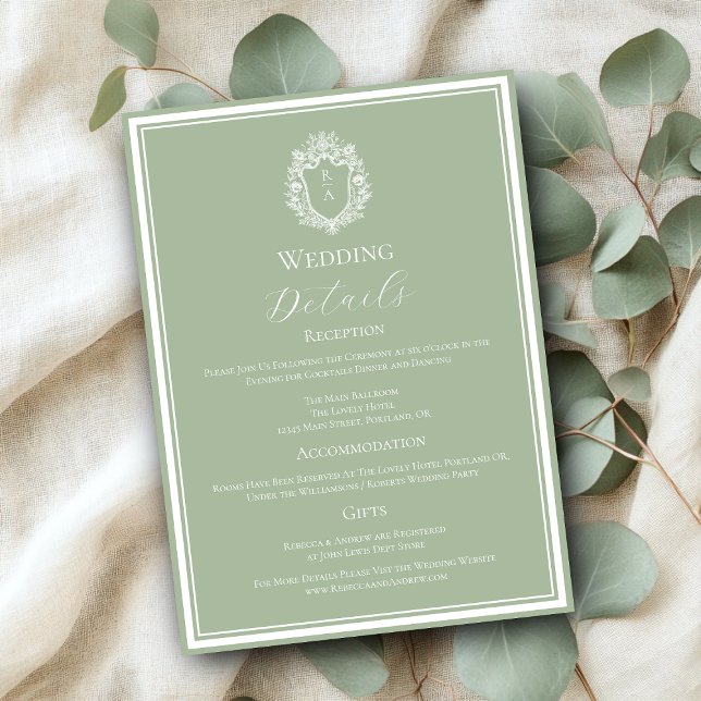 Sage Green Monogram Crest Wedding Details Enclosure Card (Creator Uploaded)