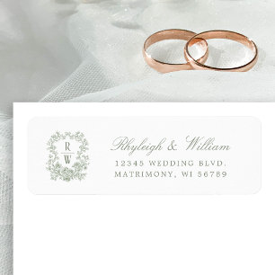 Sage Green Monogram Crest Wedding Return Address Label