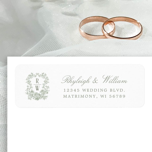 Sage Green Monogram Crest Wedding Return Address Label (Creator Uploaded)