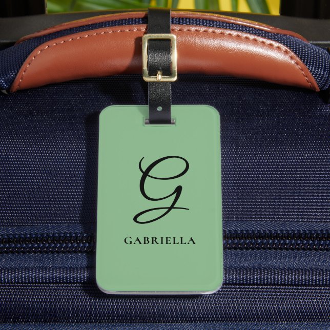 Sage Green Monogram Custom Calligraphy Initial Luggage Tag (Front Insitu 2)