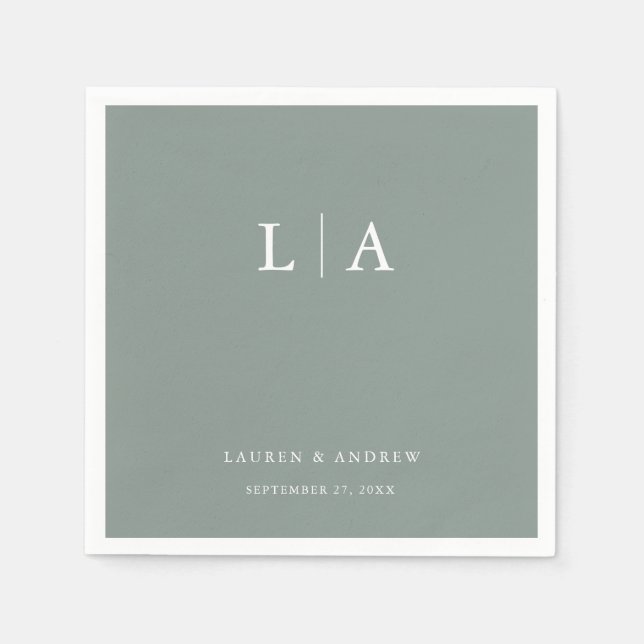 Sage Green Monogram Elegant Simple Wedding Napkins (Front)