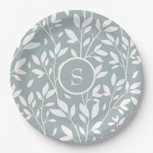 Sage Green Monogram Floral Cottage Pattern Paper Plate