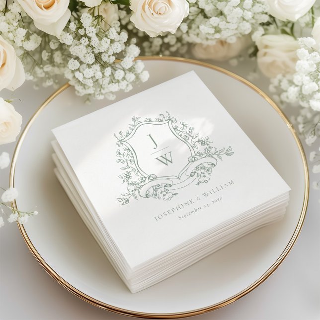 Sage Green Monogram Floral Crest Elegant Wedding Napkin (Creator Uploaded)