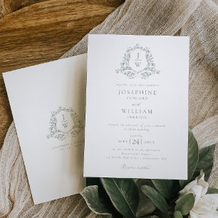 Sage Green Monogram Floral Crest Wedding Invitation