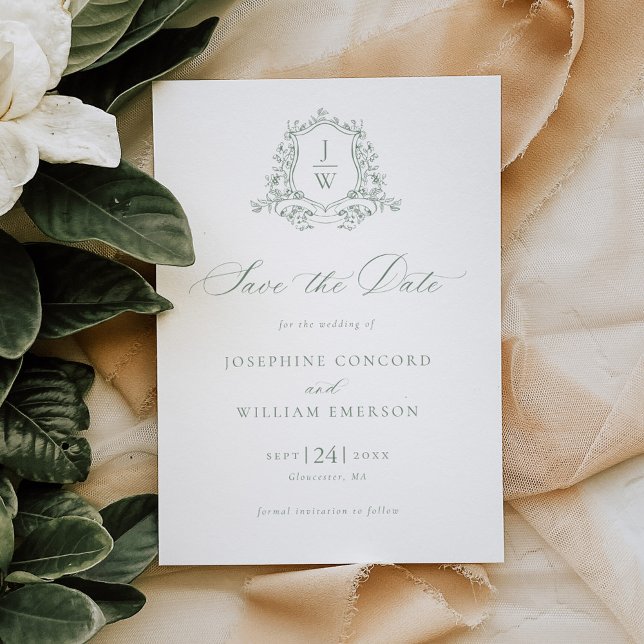 Sage Green Monogram Floral Crest Wedding Save The Date (Creator Uploaded)