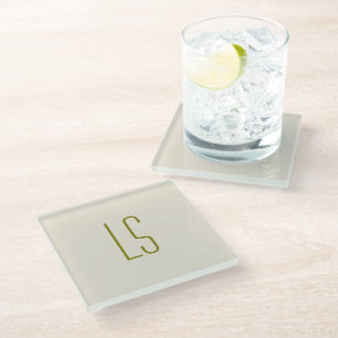 Sage green monogram initial simple glass coaster