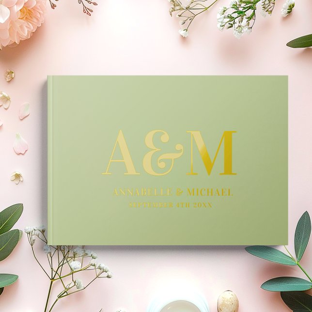 SAGE GREEN MONOGRAM MINIMALIST WEDDING  GUEST BOOK (real foil guest book with monogram and date[)