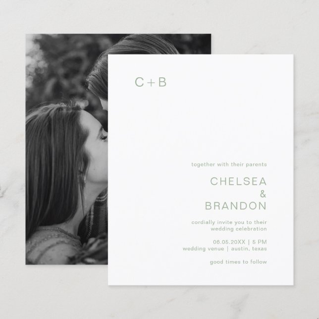 Sage Green Monogram Modern Budget Wedding Invite (Front/Back)
