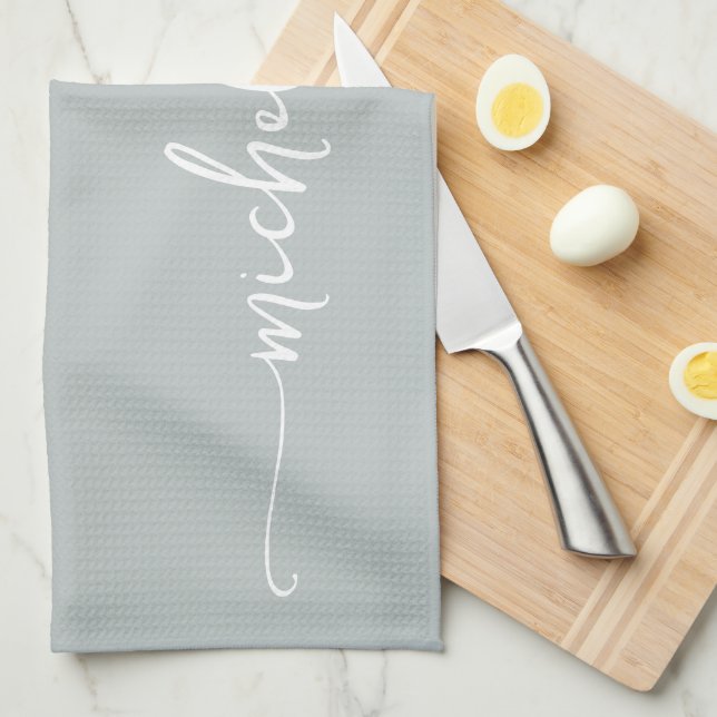 Sage Green Monogram Name Calligraphy Script Tea Towel (Quarter Fold)