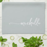 Sage Green Monogram Name Gold Calligraphy Script Tea Towel<br><div class="desc">Minimalist Modern Elegant Sage Green Monogram Name Signature Script Custom Personalised Kitchen Towel. Featuring custom name in a hand lettered swash tail font calligraphy (or typography) on sage green or dusty green colour background. These are easy to customise it. Great stylish feminine housewarming gift, mother’s day, wedding, also for birthday,...</div>