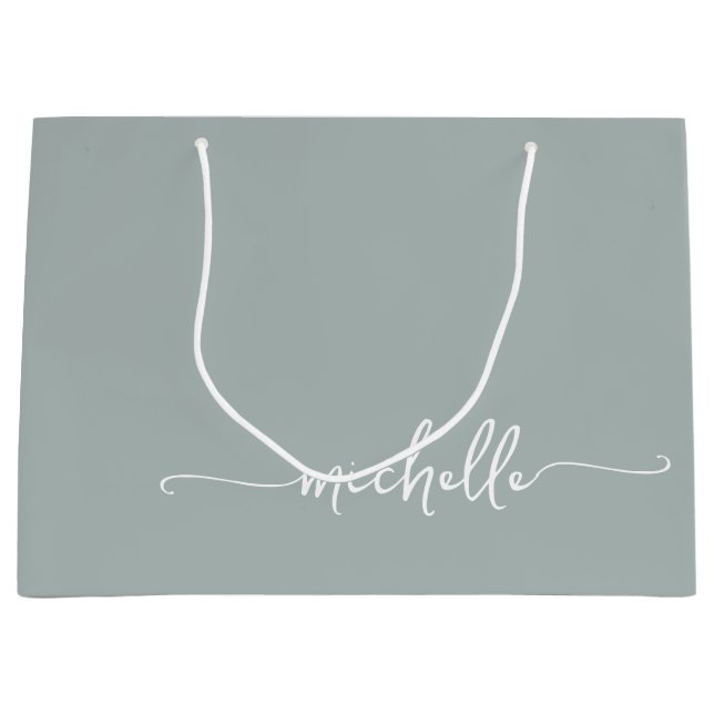 Sage Green Monogram Name Script Calligraphy Large Gift Bag (Front)