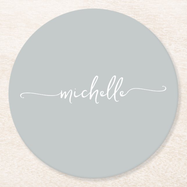 Sage Green Monogram Name Script Signature Round Paper Coaster (Front)