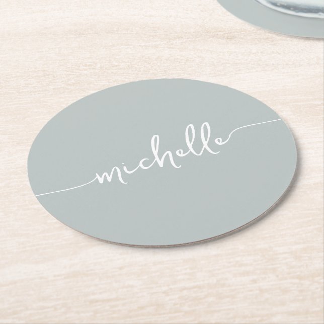 Sage Green Monogram Name Script Signature Round Paper Coaster (Angled)