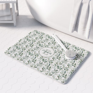 Sage Green Monogram Rustic Olive Pattern Bath Mat