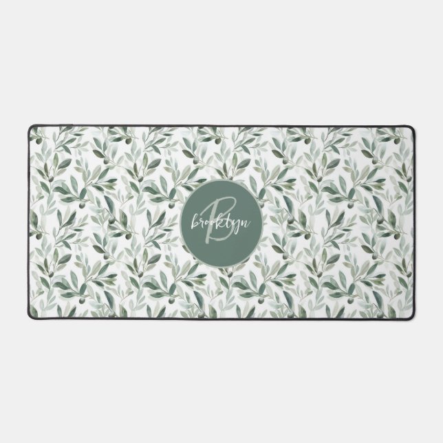 Sage Green Monogram Rustic Olive Pattern Desk Mat (Front)