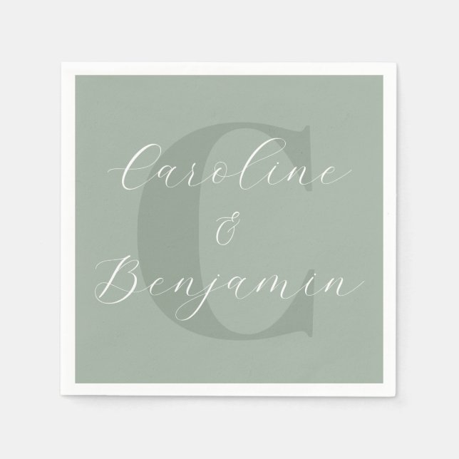 Sage Green Monogram Script Wedding Names Chic Napkin (Front)
