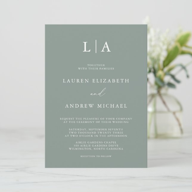 Sage Green Monogram Simple Minimalist Wedding Invitation (Standing Front)