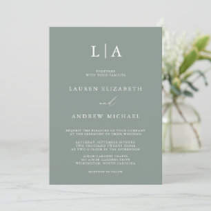 Sage Green Monogram Simple Minimalist Wedding Invitation
