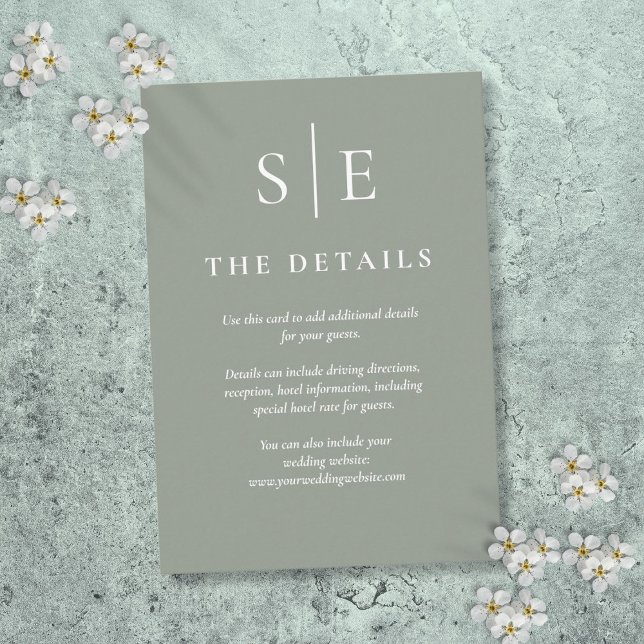 Sage Green Monogram Simple Wedding Details Enclosure Card (Sage Green Monogram Simple Wedding Details Enclosure Card)