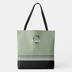 Sage Green Monogram Stripes Personalised Tote Bag
