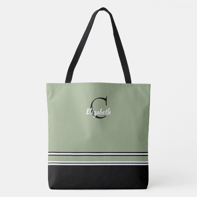 Sage Green Monogram Stripes Personalised  Tote Bag (Front)