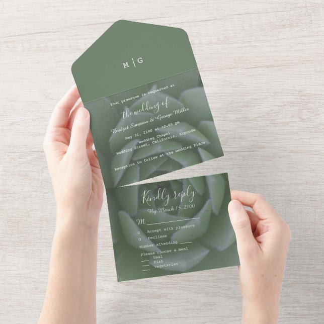 sage green monogram succulent wedding all in one invitation (Tearaway)