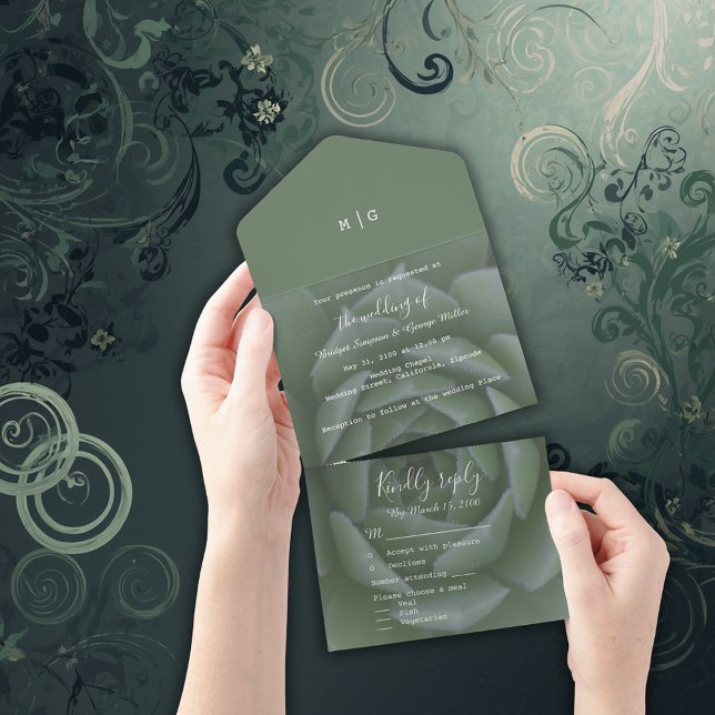 sage green monogram succulent wedding all in one invitation (Creator Uploaded)