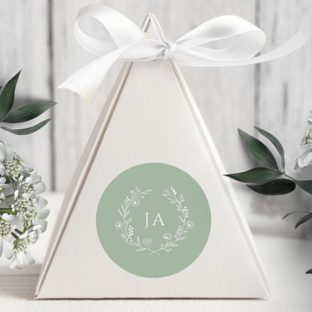 Sage Green Monogram Wedding Classic Round Sticker (Creator Uploaded)